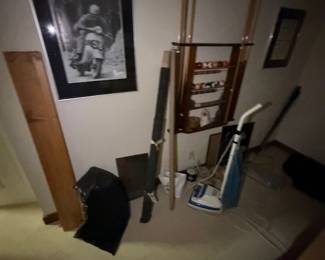 pool cues, pool balls, wall art, vacuum