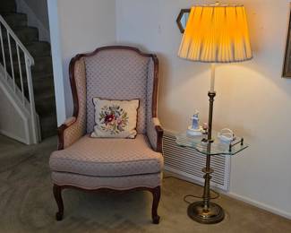 Woodmark Originals Queen Anne Wingback Chair with Stiffel brass floor lamp with glass top table