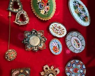 Large selection of antique mosaic brooches