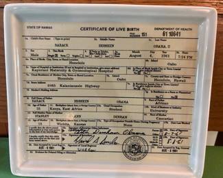 Novelty ceramic souvenir tray replicating President Barack Obama’s official long-form birth certificate