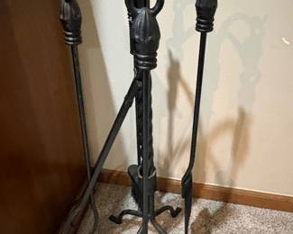 Vintage heavy-duty wrought iron fireplace tool set- with original stand
