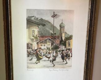 original hand-colored etching titled "Oberammergau" by Ernst Geissendörfer (1908–1993)