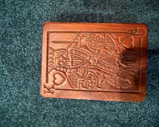  Vintage wood relief-carved playing card box