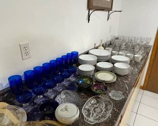 Vintage fine china, crystal stemware, and cobalt blue pressed glassware