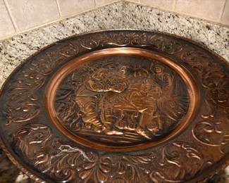 Vintage mid-century embossed copper wall charger or plaque