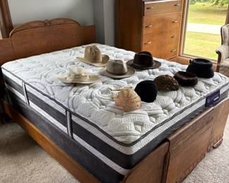 Gorgeous 19th century wooden headboard, foot board and matching chest of drawers. Also, full size mattress available for sale