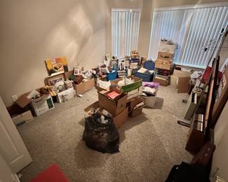 Packed room with boxes, books, and household goods.