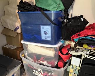 Clothing, shoes, and storage bins.