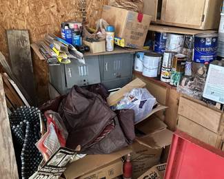 Paint, workshop cabinets, storage boxes, and shop supplies.