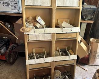Metal parts-organizer bins and small hardware.