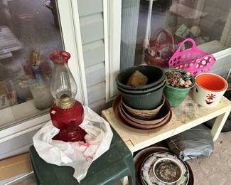 Red glass oil lamp.