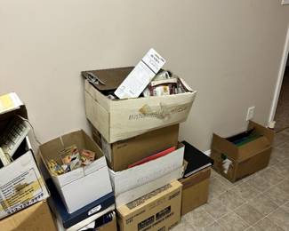 Boxed household and office supplies.