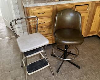Folding step ladder and shop or utility chairs.