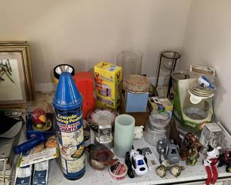 Crayola collectible bank, glassware, toys, and small household items.