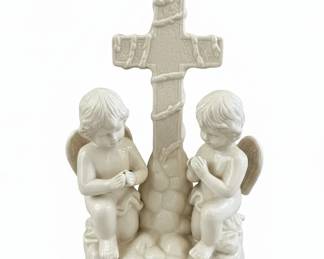 Vintage Iridescent Porcelain Cherub and Cross Figurine