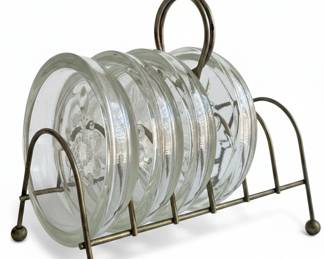 Princess House FleurdeLis Glass Coaster Set with Metal Holder