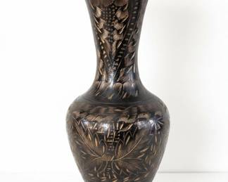 Vintage Hand Etched Black Brass Vase with Floral Motifs fourth image