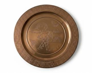 Vintage Mexican Copper Plate with Aztec Warrior Motif