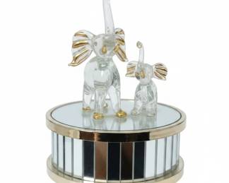 Vintage Glass Elephant Musical Carousel with Mirrored Base
