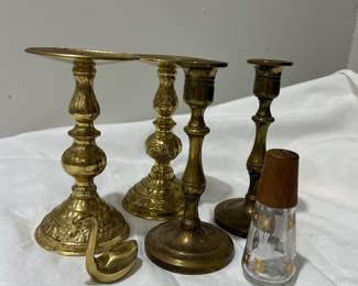 Brass candle sticks and figure 