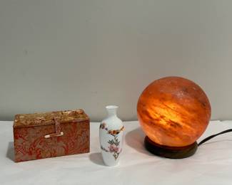 Salt lamp and vintage vase with stamp box