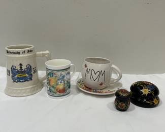 Ceramic mugs and wooden decor
