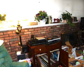 Vintage Wall-Mounted Carriage Lantern, Cabinet, Records, CD's, DVD's, Cassette Tapes, Electronics