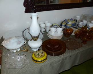 Antique & Vintage Assorted Bric-A-Brac, Royal Worcester Blue Medallion Dinnerware Set, Amber Glass