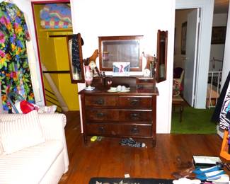 Antique Wood Dresser With Center & Swing Mirrors