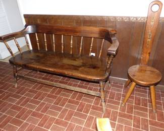 Vintage Spindle Back Bench, Tall Back Keyhole Top Round Seat Chair