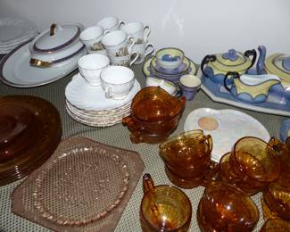 Antique & Vintage Assorted Bric-A-Brac, Royal Worcester Blue Medallion Dinnerware Set, Amber Glass