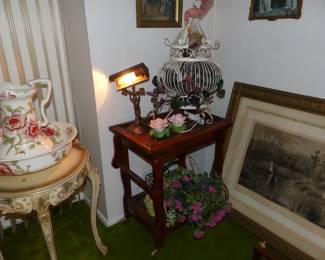 Rolling Cart, Bric-A-Brac, Framed & Signed Picture