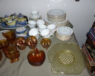Antique & Vintage Assorted Bric-A-Brac, Royal Worcester Blue Medallion Dinnerware Set, Amber Glass