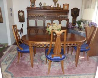 Vintage Dining Table With 3 Leaves & 4 Chairs, Sideboard Cabinet, Area Rug