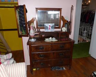Antique Wood Dresser With Center & Swing Mirrors