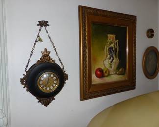 Antique Hanging Wall Clock, Vintage Painting Signed Jean Lee