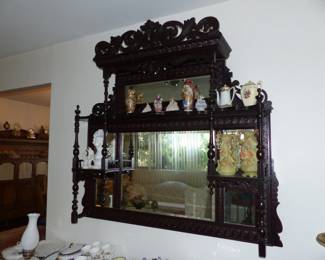Antique Ornately Carved Hanging Mirror Display Shelves, Bric-A-Brac