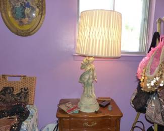 Pair of John Widdicomb Night Tables, Pair of Antique Lamps