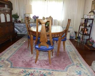 Vintage Dining Table With 3 Leaves & 4 Chairs, Sideboard Cabinet, Area Rug
