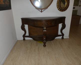Antique Console Table, Mirror & Pictures