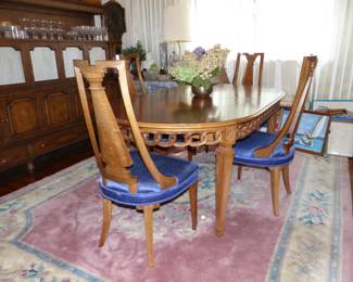 Vintage Dining Table With 3 Leaves & 4 Chairs, Sideboard Cabinet, Area Rug