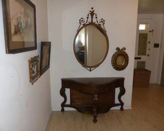 Antique Console Table, Mirror & Pictures