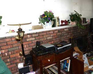 Vintage Wall-Mounted Carriage Lantern, Cabinet, Records, CD's, DVD's, Cassette Tapes, Electronics