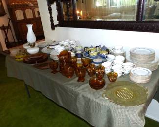 Antique & Vintage Assorted Bric-A-Brac, Royal Worcester Blue Medallion Dinnerware Set, Amber Glass