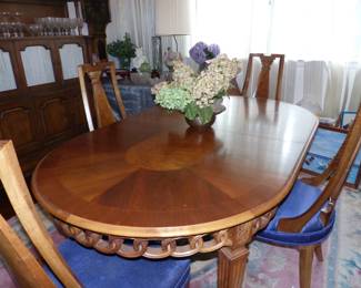 Vintage Dining Table With 3 Leaves & 4 Chairs, Sideboard Cabinet, Area Rug
