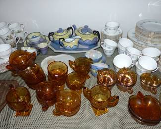 Antique & Vintage Assorted Bric-A-Brac, Royal Worcester Blue Medallion Dinnerware Set, Amber Glass