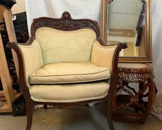 MotherofPearl Inlaid Table, Carved Armchair in Green Upholstery, Decorative Mirror