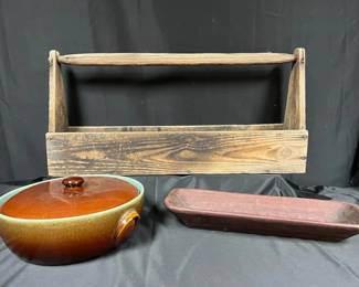 Primitive Wood Toolbox with Large Stoneware Lidded Pot Dough Bowl