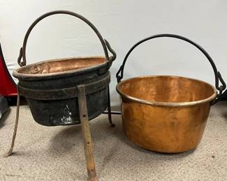 Antique Copper Cauldrons Pots Pair