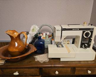 WHITE SEWING MACHINE, ROYAL HAEGER PITCHER AND BOWL (WASH TABLE AVAILABLE UPSTAIRS)